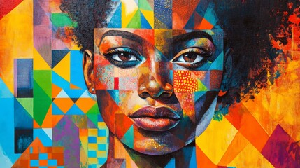Colorful abstract portrait of a woman with geometric patterns.