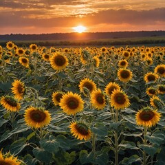 Obraz premium A field of sunflowers swaying in the breeze against a backdrop of a vibrant sunset.