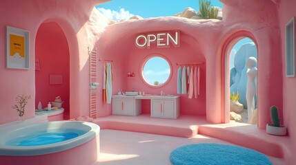 Pink cave-like bathroom with open sign, bathtub, sink, towels, and desert view.
