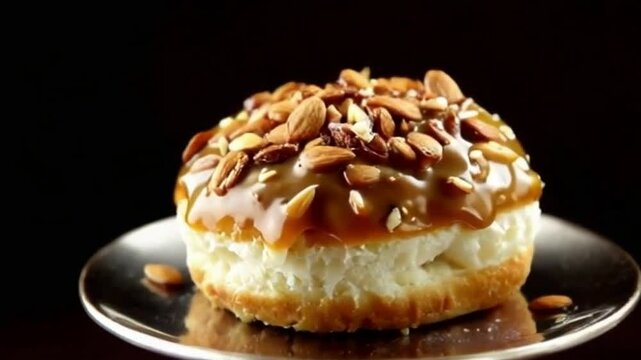 Caramel cronut with nut topping on a pedestal, reflective spotlight highlighting glossy caramel for a comforting indulgent appeal