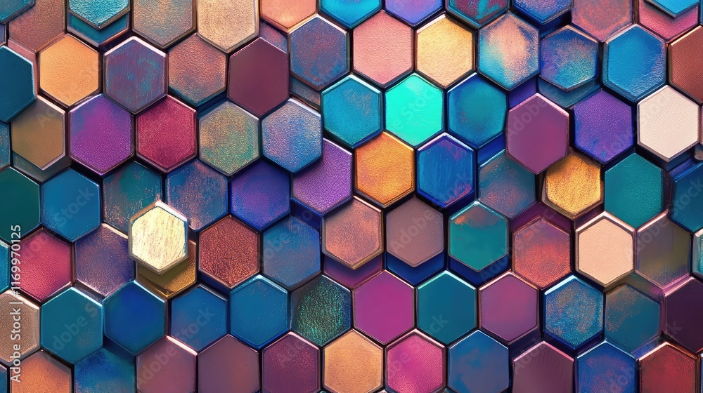 Poster minimalistic d pattern of hexagons with a subtle shadow effect and metallic gradient finish. no text