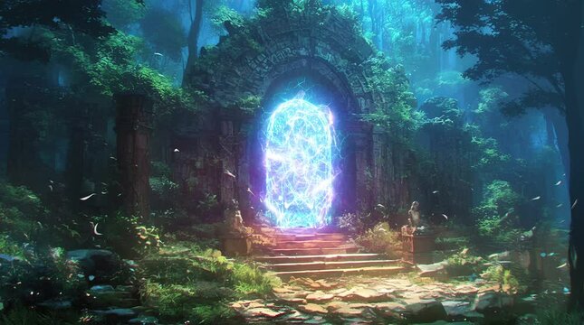 Glowing mystical gate in an enchanted fantasy forest with mysterious atmosphere  
Seamless looping 4k time-lapse virtual video animation Generated AI