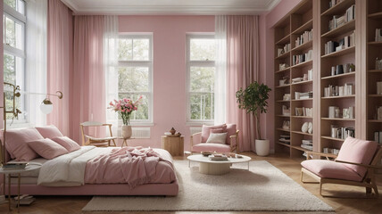 Cozy pastel pink themed bedroom with reading nook featuring bed beside bookshelf full of books and large window letting in tranquil daylight Transitional Interior Design
