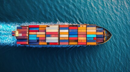 Obraz premium Aerial view of a colorful cargo ship at sea.
