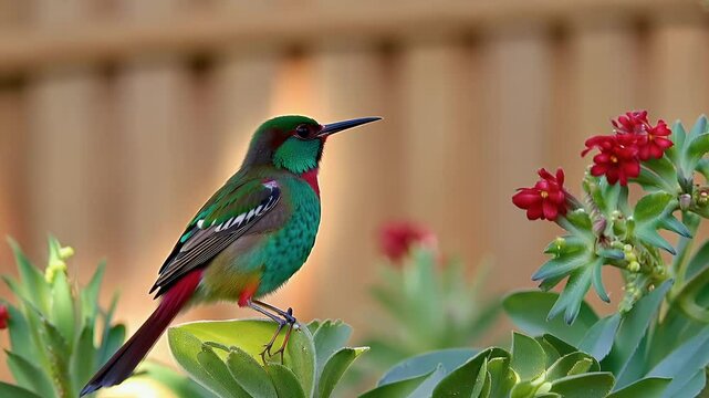 ruby throated hummingbird hovers delicately sipping nectar vibrant pineapple sage flowers captured breathtaking 4K resolution serene backdrop