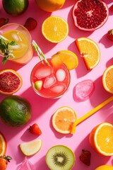 Colorful fruits and juices on a pink background