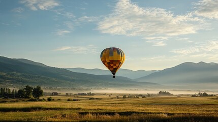 Obraz premium Hot Air Balloon over Scenic Mountain Landscape at Sunrise