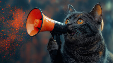 A cat with intense eyes uses a megaphone, broadcasting a powerful statement.