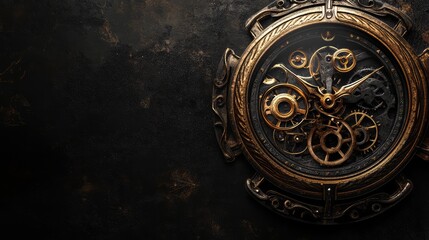 Naklejka premium Steampunk-inspired timepiece with intricate mechanical gears on a dark background, providing ample copy space for your design.