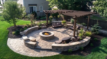 Beautifully designed backyard featuring a stone patio, fire pit, and pergola, creating an inviting outdoor space