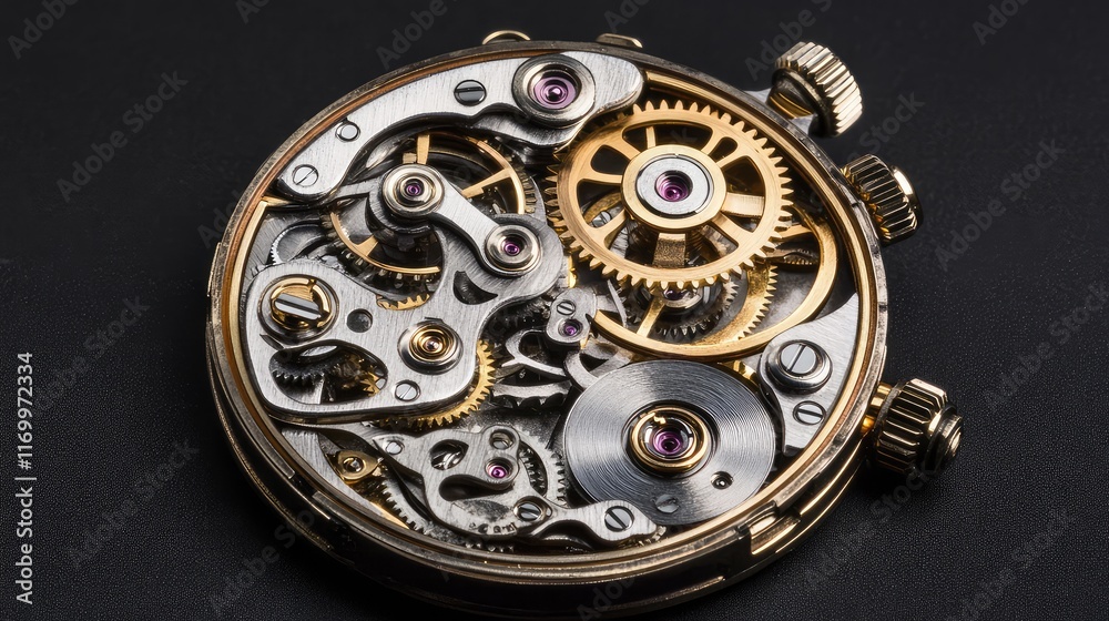 Poster steampunk mechanical clockwork on a dark background with visible gears and cogs, offering a clean, o