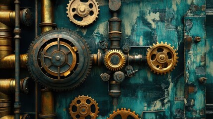 Fototapeta premium Steampunk machinery with a mix of brass gears and metallic pipes, set on an aged backdrop, leaving ample room for text or logos.