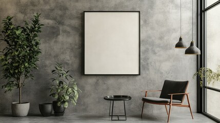 Fototapeta premium Modern Living Room with Blank Frame, Green Plants and Stylish Decor