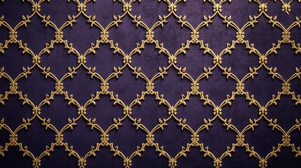 Velvet-textured background in royal purple with golden arabesque patterns for a regal luxury theme....