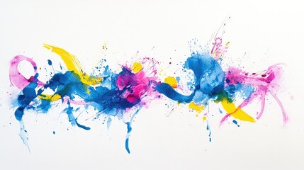 Vibrant watercolor brushstrokes blending shades of blue, pink, and yellow on a white canvas texture for an artistic background. No text, no people.