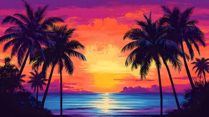 Vibrant Sunset Over Tropical Beach Palm Trees