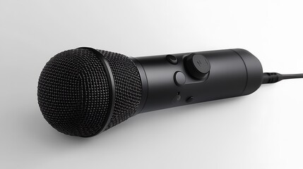 A black microphone with a textured head and a control button for audio input.