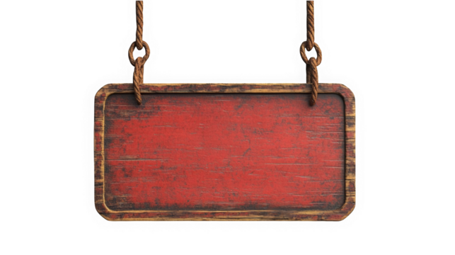 Rustic Red Signboard:  A weathered, red wooden signboard hangs from chains, its surface ready for your message. This image evokes a sense of vintage charm and rustic appeal.