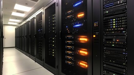 Data center server room with rows of network servers.