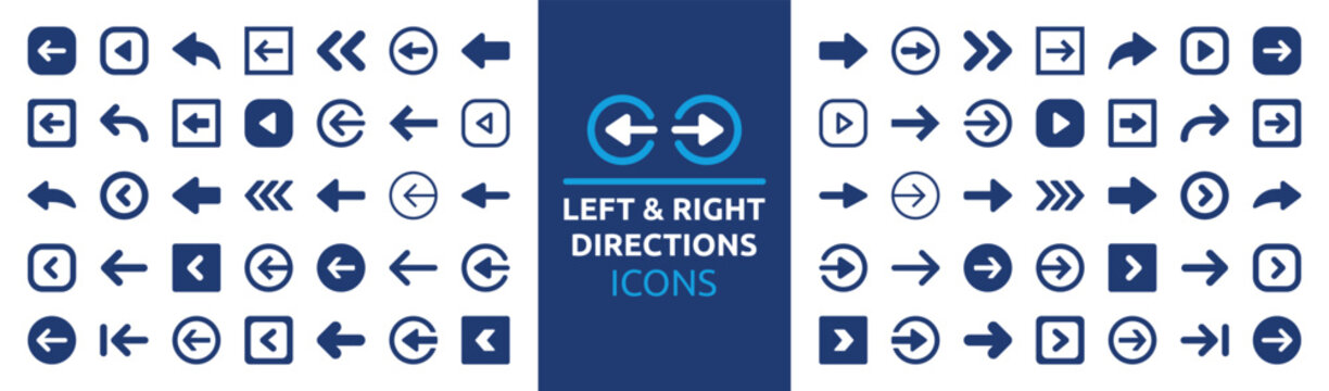 Left and Right directions icon set. Arrows symbol vector icons collection. Use for navigation, next and previous, forward and back.