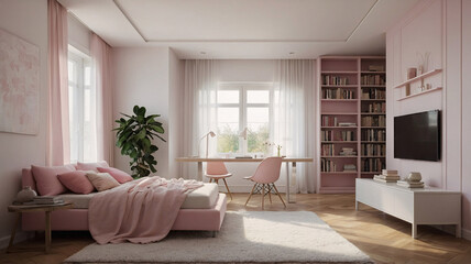 Fototapeta premium Serene pastel pink themed bedroom and reading room featuring a cozy bed bookshelves and large window letting in natural light and fresh air Transitional Interior Design