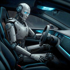 Side view of an advanced humanoid robot driving a modern car.
