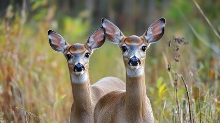 Fototapeta premium Two Whitetail Deer Fawns in Autumnal Woodland