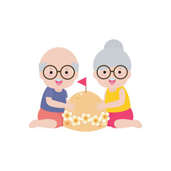 Songkran festival old people thai and sand pagoda, Traditional happy thai new year, senior man and woman in Thailand cartoon flat style Illustration