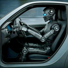 Side view of an advanced humanoid robot driving a modern car.
