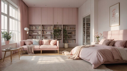 Obraz premium Stylish pastel pink themed bedroom and reading room with cozy bed bookshelf books and large window offering ample daylight Transitional Interior Design