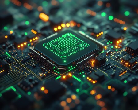 Futuristic circuit board with neon green lights, complex AI circuitry, advanced technology concept, glowing connections, digital innovation and progress