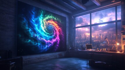 Obraz premium A contemporary art canvas with dynamic fractal spirals in bold neon hues of blue, green, and pink, set against a dark gradient background, mounted in an industrial-style loft with dramatic lighting,