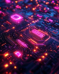 Obraz premium Modern digital circuit board, bright glowing lights, intricate lines, advanced AI technology, innovative future design, cyberpunk style, neon effects
