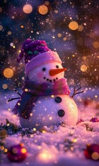 Obraz premium Festive snowman in snowy winter scene with warm lights.