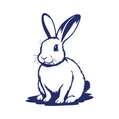 A minimalistic blue illustration of a rabbit sitting upright, showcasing fine details in a clean and elegant design