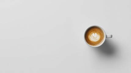 Top view of a white coffee cup with beautiful latte art, isolated on a clean white background, ample space for text.