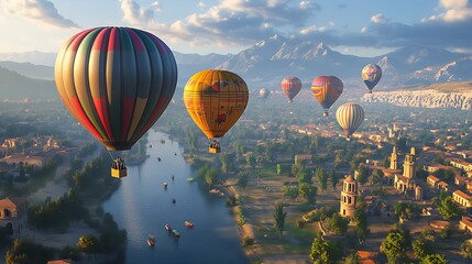 Fototapeta premium Hot air balloon festival over river valley scenic landscape view