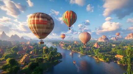 Fototapeta premium Hot air balloon festival over river valley scenic landscape day