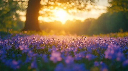 Naklejka premium Golden Sunset Over Purple Flower Field In Spring