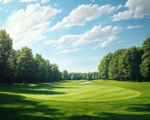 Obraz premium Serene golf course under a clear blue sky.