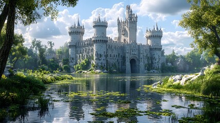 Obraz premium Majestic castle reflection on serene lake fantasy landscape daylight