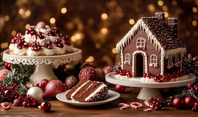 Festive Christmas dessert display with gingerbread house and decorated cakes.