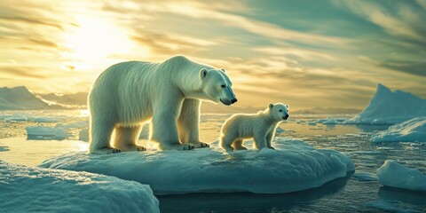A serene image of a mother polar bear and her cub on the sea ice, symbolizing their resilience in harsh Arctic conditions.