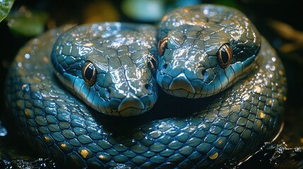 Fototapeta premium Two emerald tree boas intertwined, close-up.