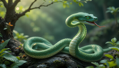 Fototapeta premium Green snake with a curious expression resting on a log in a lush green forest