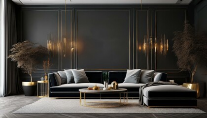 living room interior -  3D-rendered luxury modern living room with a dark color scheme and an empty black wall 