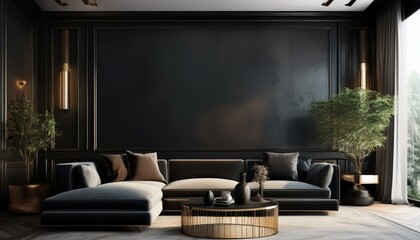 living room interior -  3D-rendered luxury modern living room with a dark color scheme and an empty black wall 