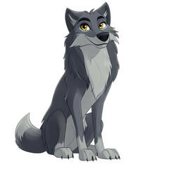 Charming Animated Wolf Character Sitting with Expressive Eyes and Gray Fur in a Captivating Forest Illustration