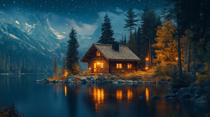 Fototapeta premium Mountain Lake Cabin Night Stars Nature Scene