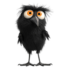 Fototapeta premium Explore the Whimsical Charm of a Black Cartoon Bird with Expressive Orange Eyes and Fluffy Feathers